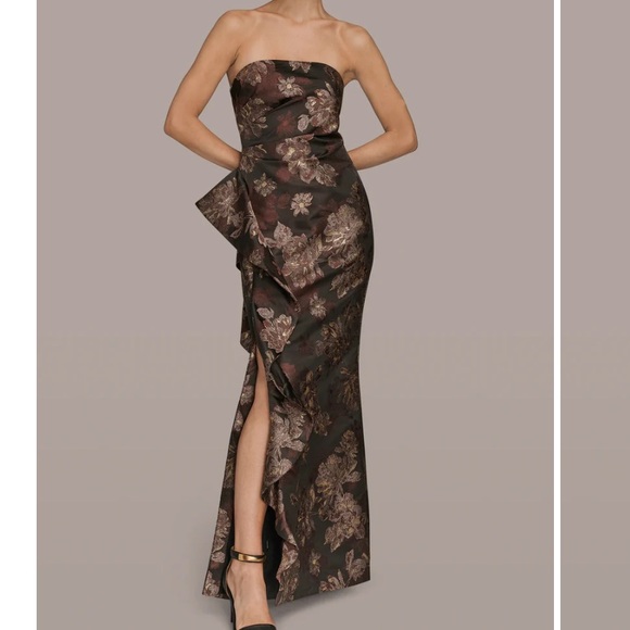 Donna Karan Dresses & Skirts - Donna Karan Strapless Floral Midi Dress in Dark Brown and Rose